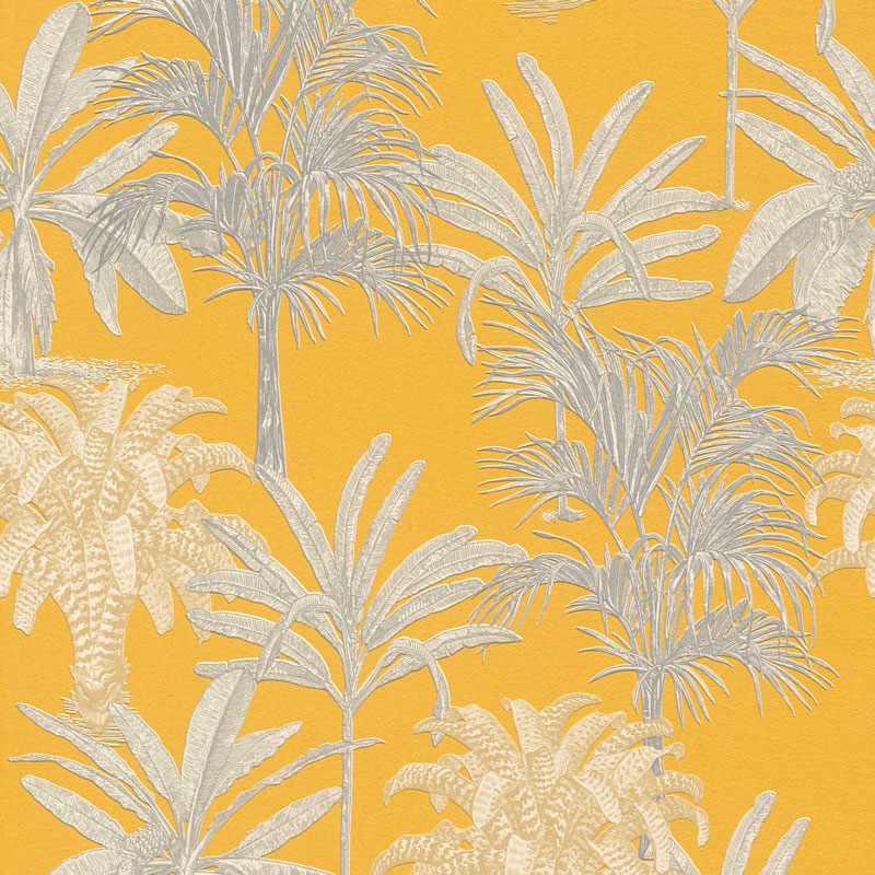 Papel Pintado mostaza con palmeras grises en relieve